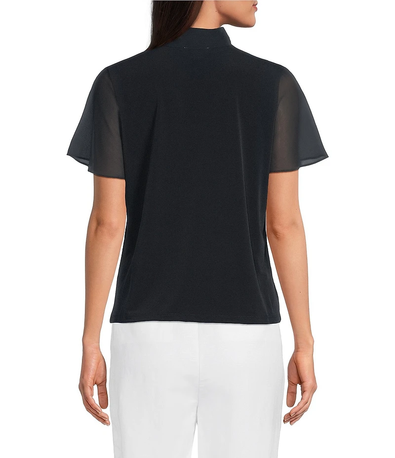 Calvin Klein Mixed Media Tie Neck Short Sleeve Top