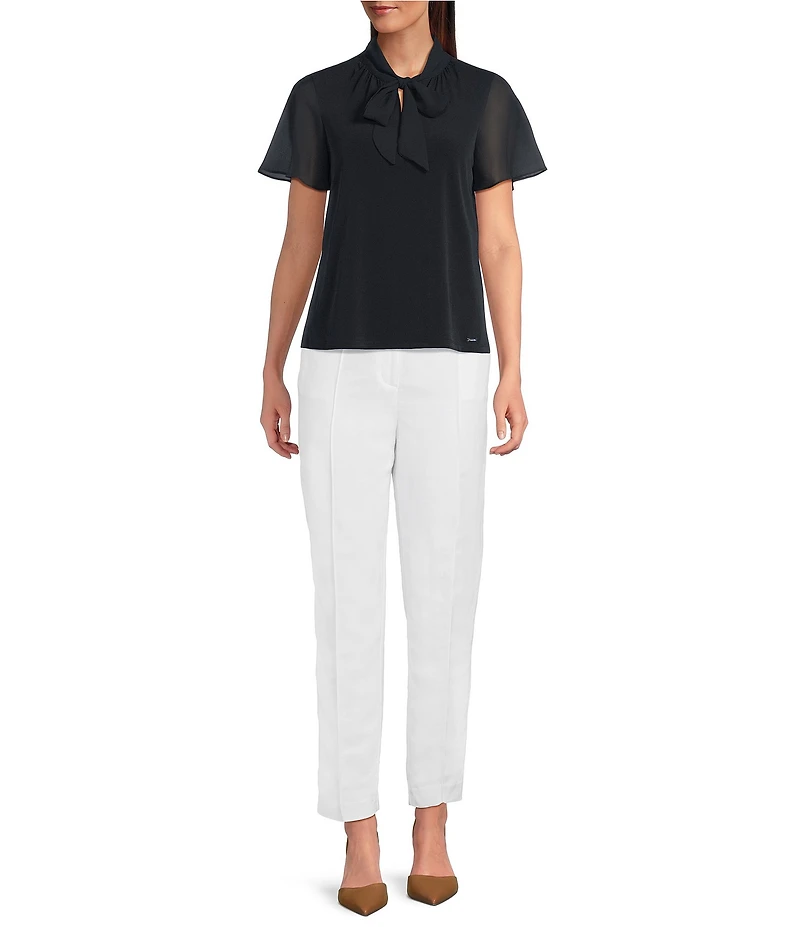 Calvin Klein Mixed Media Tie Neck Short Sleeve Top