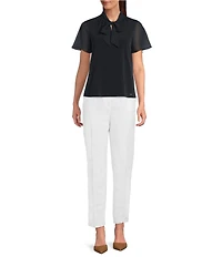 Calvin Klein Mixed Media Tie Neck Short Sleeve Top