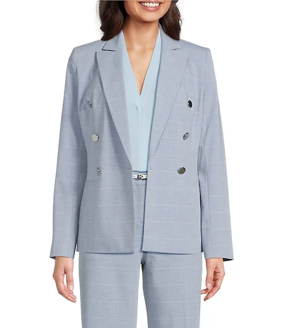Calvin Klein Notch Collar Long Sleeve Windowpane Double Breasted Jacket
