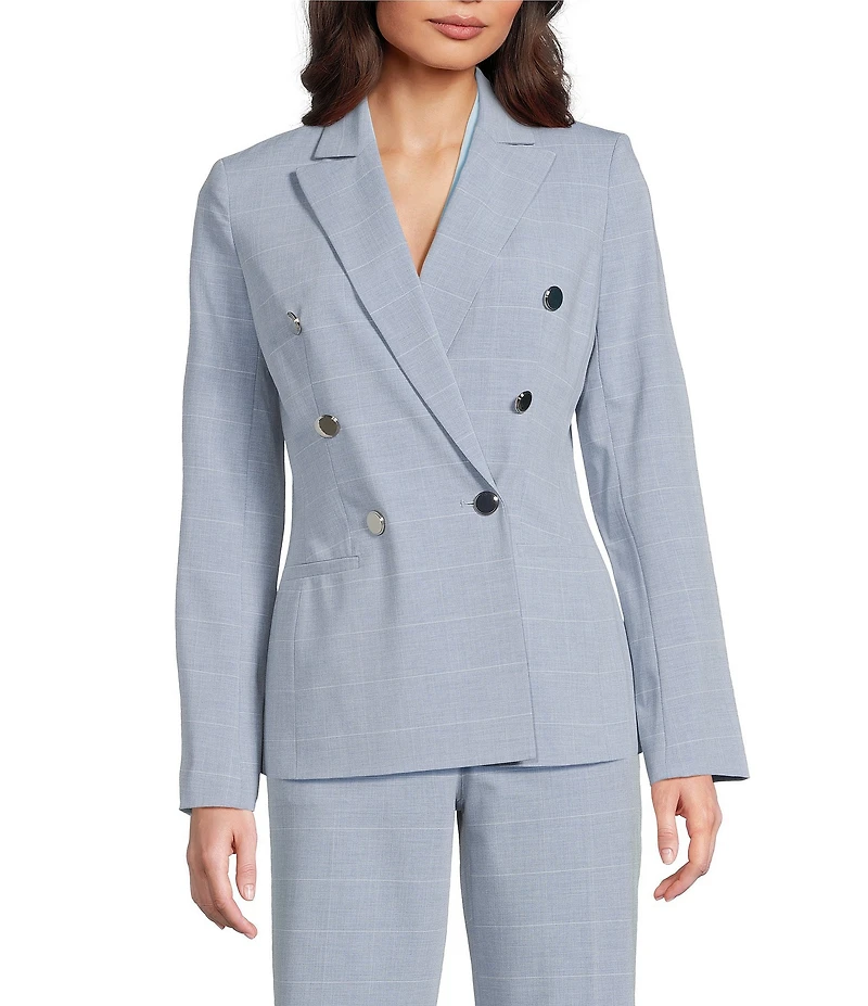 Calvin Klein Notch Collar Long Sleeve Windowpane Double Breasted Jacket