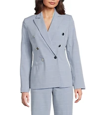 Calvin Klein Notch Collar Long Sleeve Windowpane Double Breasted Jacket