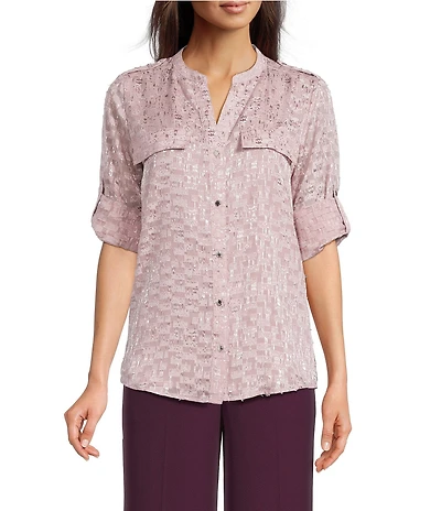 Calvin Klein Novelty Split Neck Roll Tab Button Front Blouse