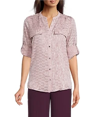 Calvin Klein Novelty Split Neck Roll Tab Button Front Blouse