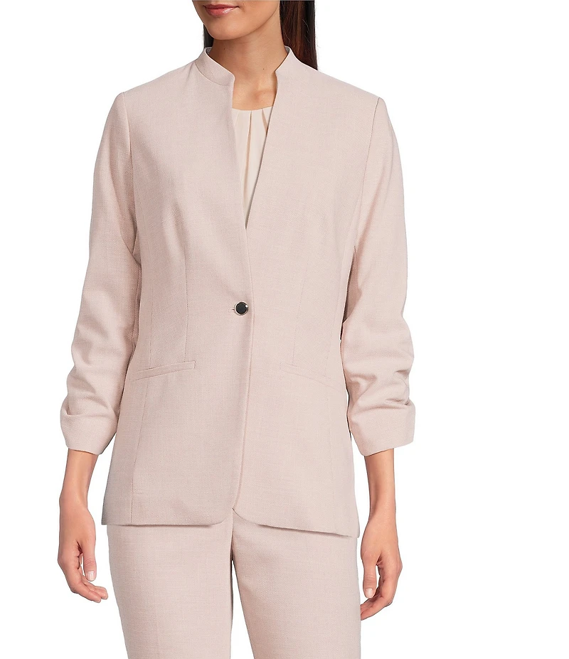 Calvin Klein Novelty Stand Collar 3/4 Sleeve One-Button Front Jacket