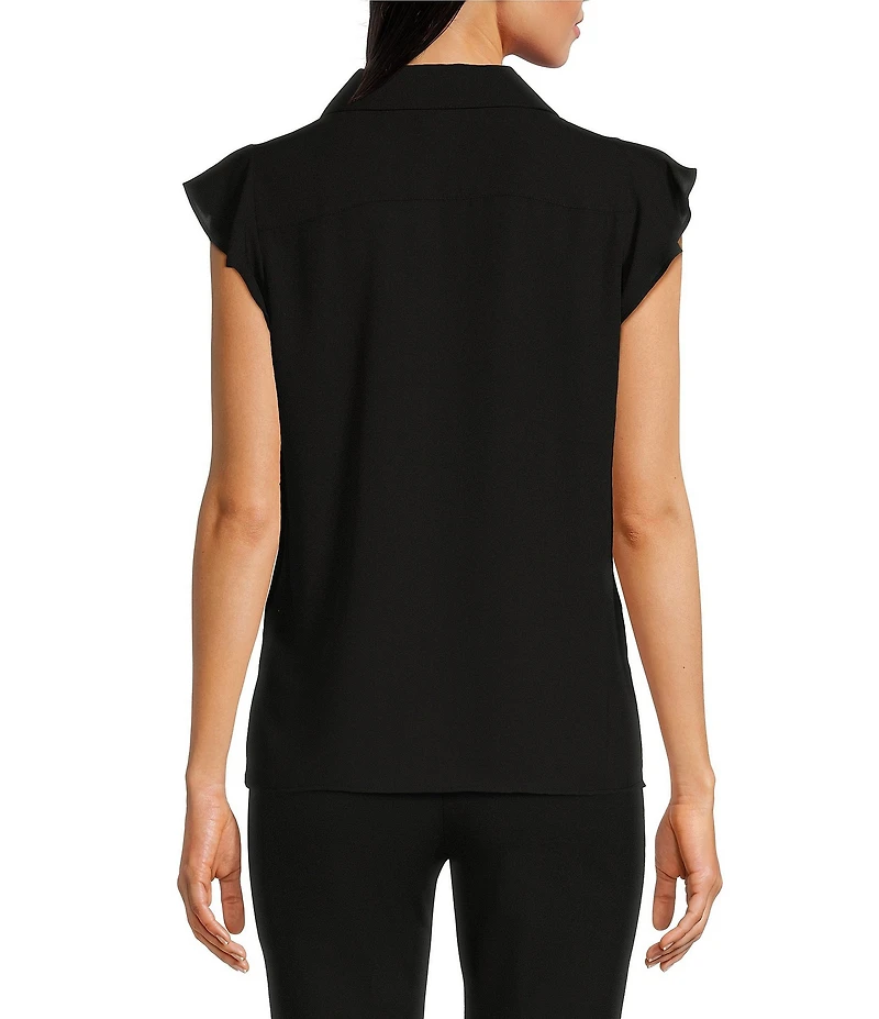 Calvin Klein Petite Size Collared V-Neck Flutter Cap Sleeve Cascading Ruffle Button Front Top
