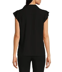 Calvin Klein Petite Size Collared V-Neck Flutter Cap Sleeve Cascading Ruffle Button Front Top
