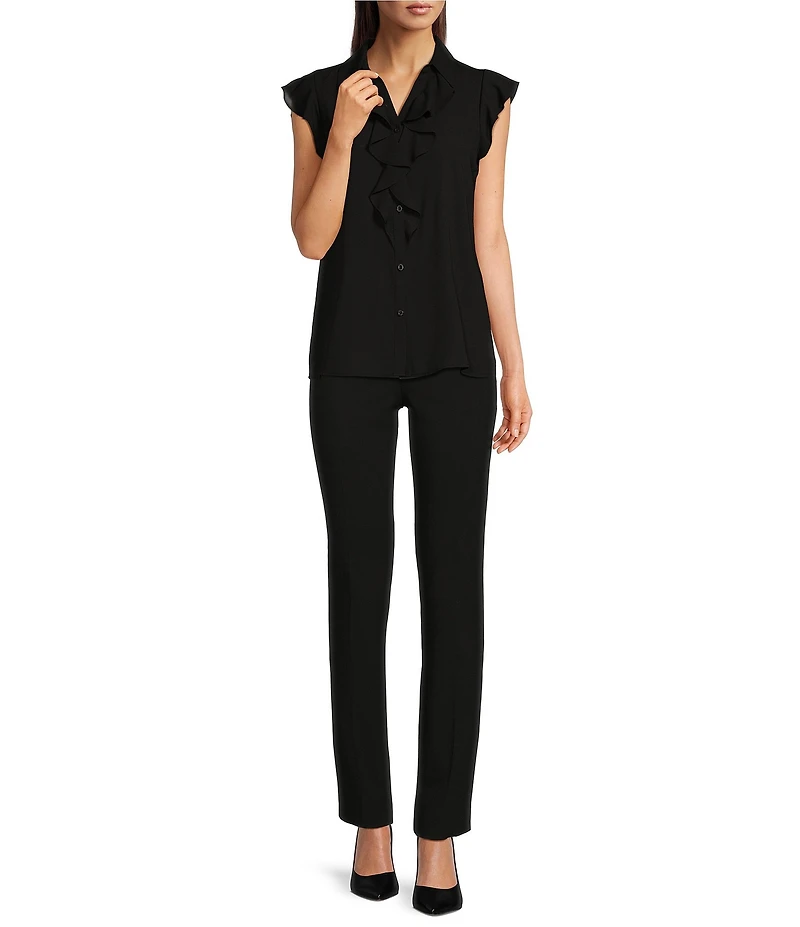 Calvin Klein Petite Size Collared V-Neck Flutter Cap Sleeve Cascading Ruffle Button Front Top