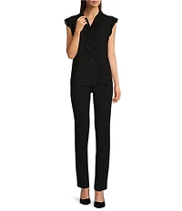 Calvin Klein Petite Size Collared V-Neck Flutter Cap Sleeve Cascading Ruffle Button Front Top