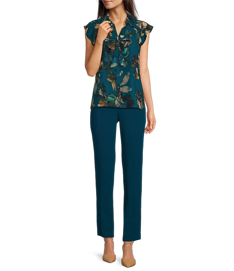 Calvin Klein Petite Size Printed Collared Short Sleeve Ruffle Front Top