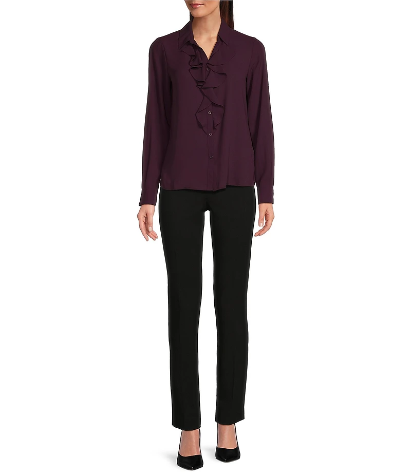 Calvin Klein Petite Size Woven Collared Long Sleeve Ruffle Button Front Blouse