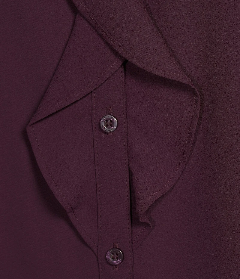 Calvin Klein Petite Size Woven Collared Long Sleeve Ruffle Button Front Blouse