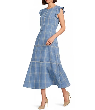 Calvin Klein Plaid Print Melange Aerowash Jewel Neck Cap Flutter Sleeve A-Line Midi Dress