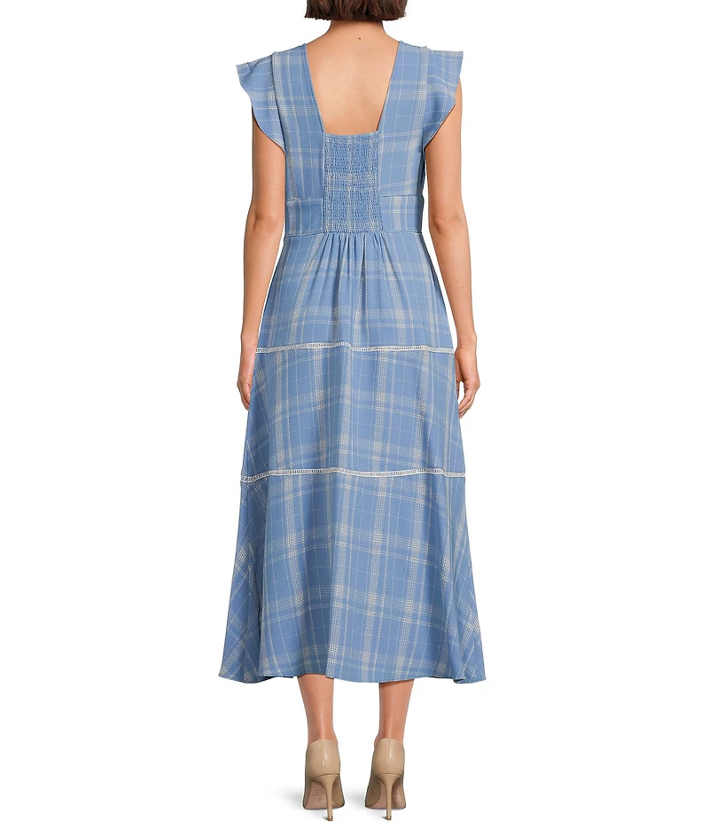 Calvin Klein Plaid Print Melange Aerowash Jewel Neck Cap Flutter Sleeve A-Line Midi Dress