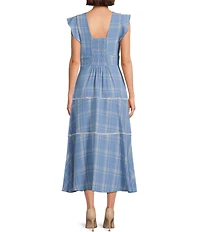 Calvin Klein Plaid Print Melange Aerowash Jewel Neck Cap Flutter Sleeve A-Line Midi Dress