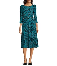 Calvin Klein Plaid Scuba Crepe 3/4 Sleeve Belted A-Line Midi Dress