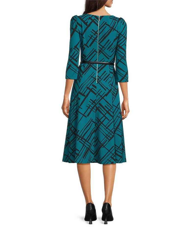 Calvin Klein Plaid Scuba Crepe 3/4 Sleeve Belted A-Line Midi Dress