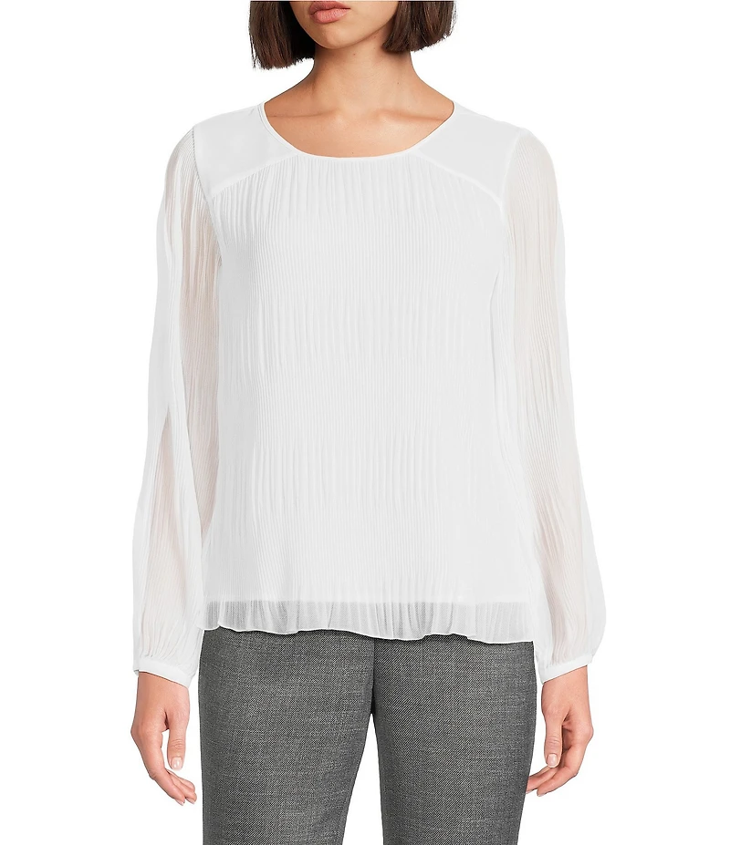 Calvin Klein Pleated Chiffon Crew Neck Long Sleeve Blouse