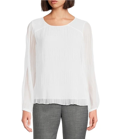 Calvin Klein Pleated Chiffon Crew Neck Long Sleeve Blouse