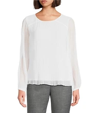 Calvin Klein Pleated Chiffon Crew Neck Long Sleeve Blouse