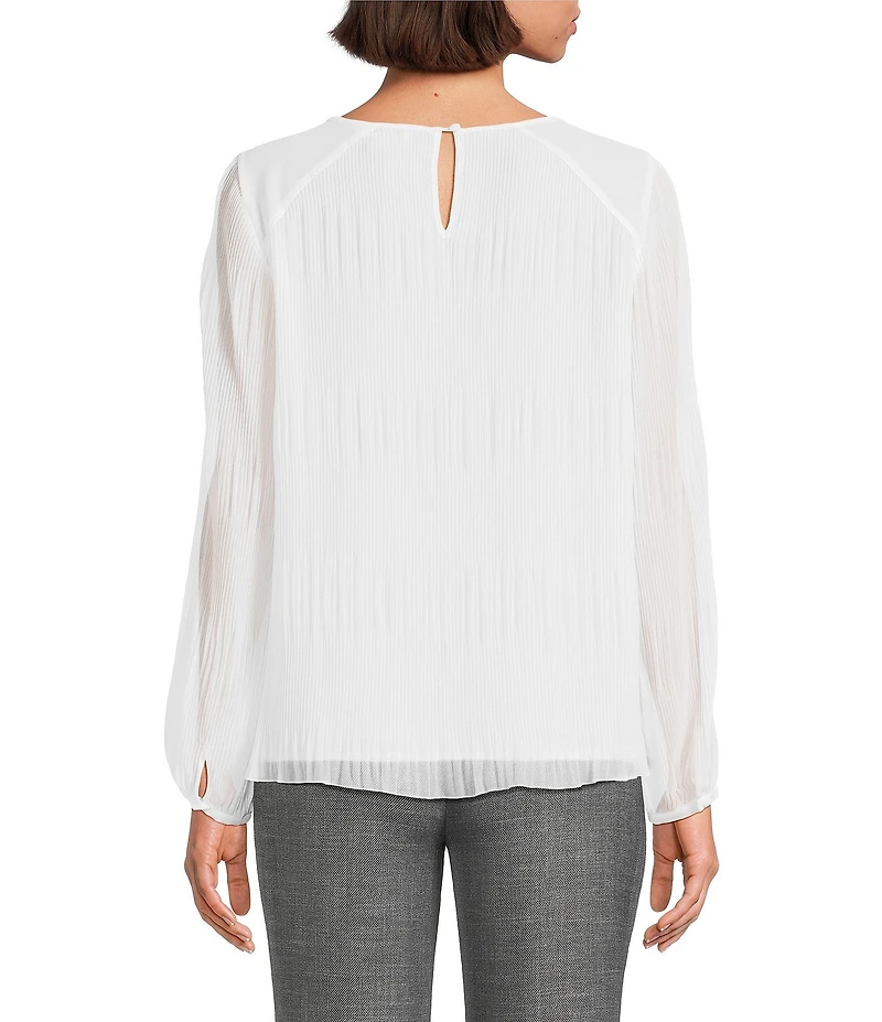 Calvin Klein Pleated Chiffon Crew Neck Long Sleeve Blouse