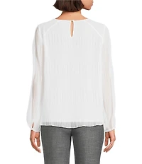 Calvin Klein Pleated Chiffon Crew Neck Long Sleeve Blouse