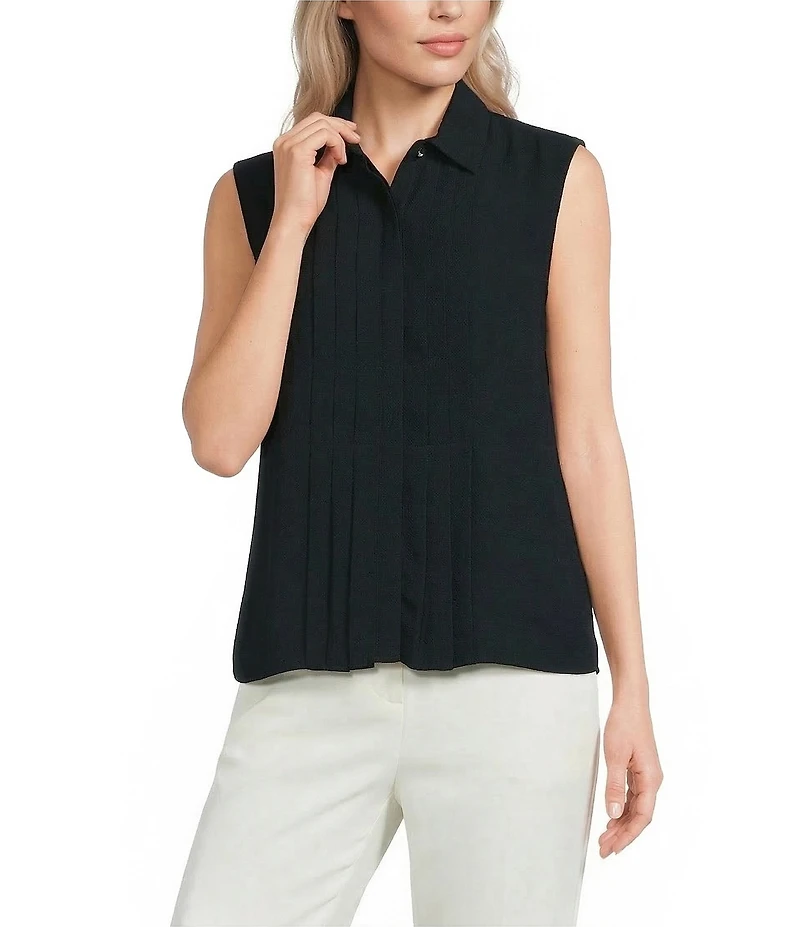 Calvin Klein Pleated Chiffon Point Collar Sleeveless Button Front Shirt