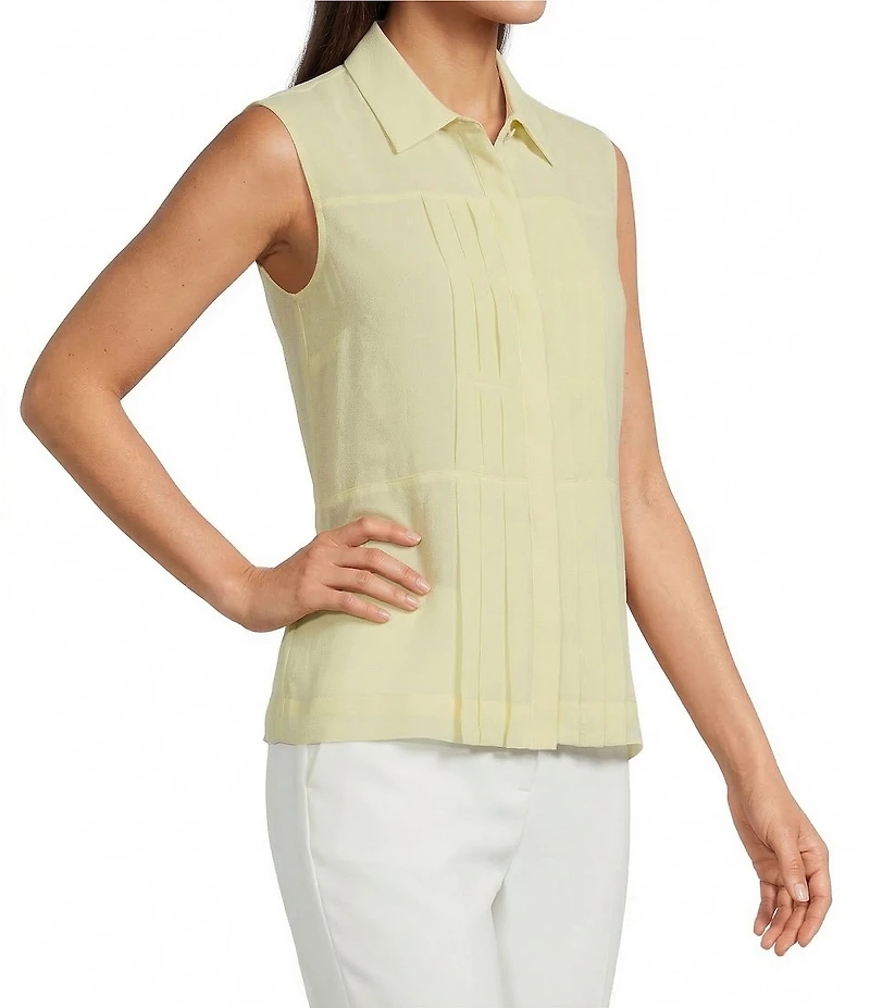 Calvin Klein Pleated Chiffon Point Collar Sleeveless Button Front Shirt