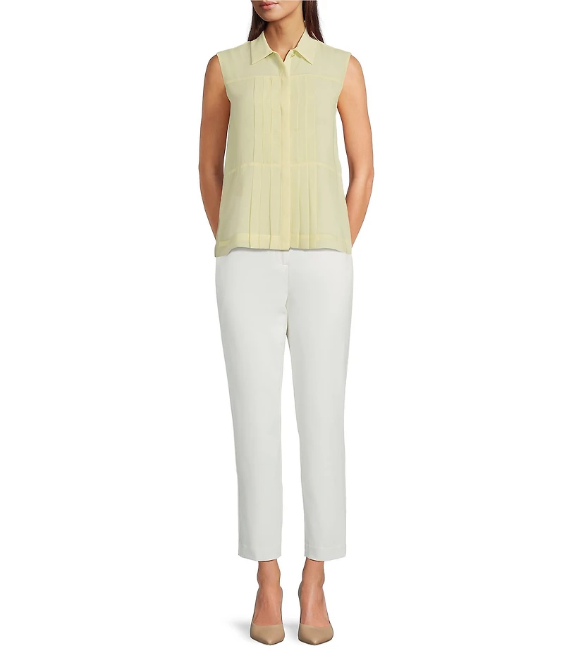 Calvin Klein Pleated Chiffon Point Collar Sleeveless Button Front Shirt