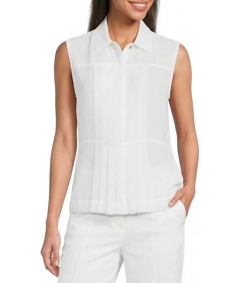 Calvin Klein Pleated Chiffon Point Collar Sleeveless Button Front Shirt