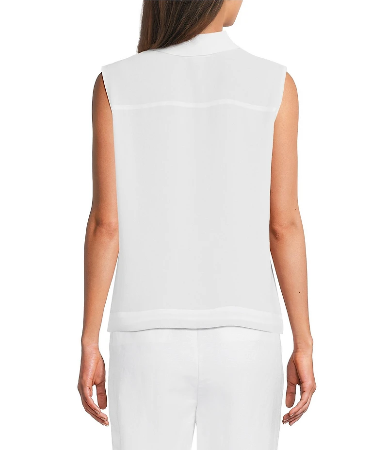 Calvin Klein Pleated Chiffon Point Collar Sleeveless Button Front Shirt