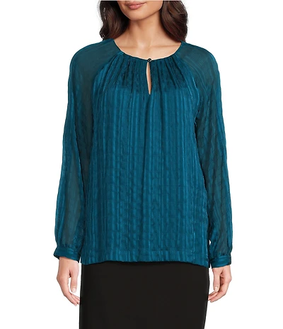 Calvin Klein Pleated Keyhole Raglan Long Sleeve Blouse