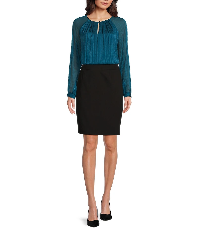 Calvin Klein Pleated Keyhole Raglan Long Sleeve Blouse