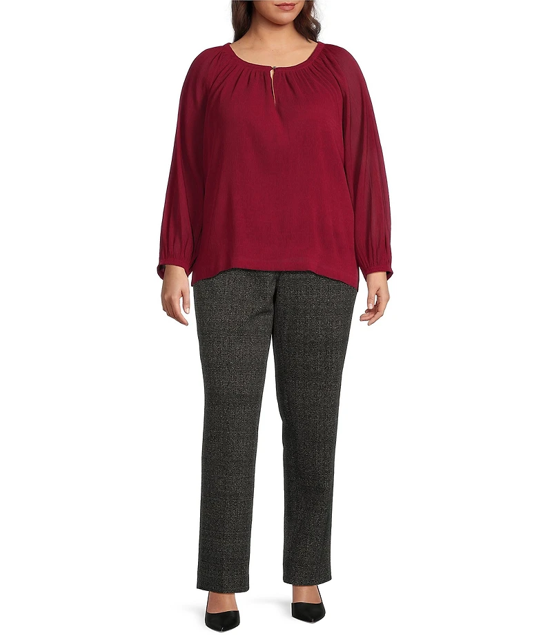 Calvin Klein Plus Size Solid Woven Crew Neck Long Sleeve Pleated Top