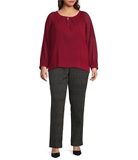 Calvin Klein Plus Size Solid Woven Crew Neck Long Sleeve Pleated Top