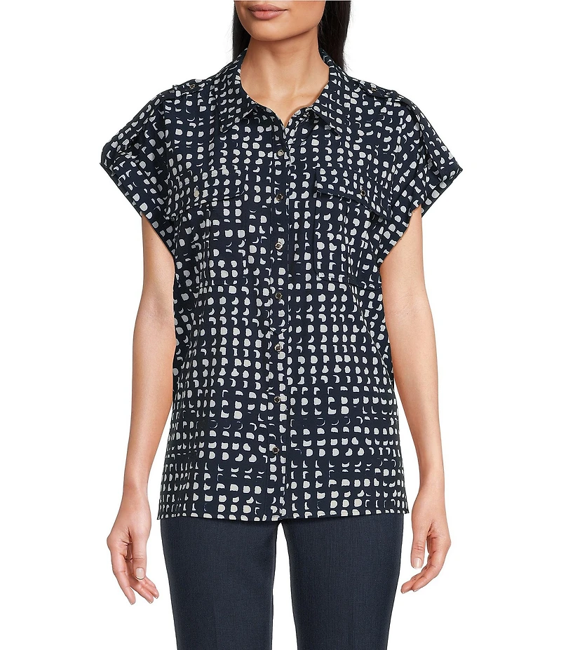 Calvin Klein Pont Collar Short Sleeve Button Front Top