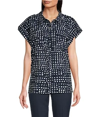 Calvin Klein Pont Collar Short Sleeve Button Front Top