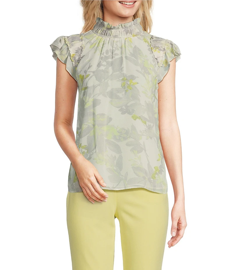 Calvin Klein Printed Chiffon Mock Neck Ruffle Detail Top