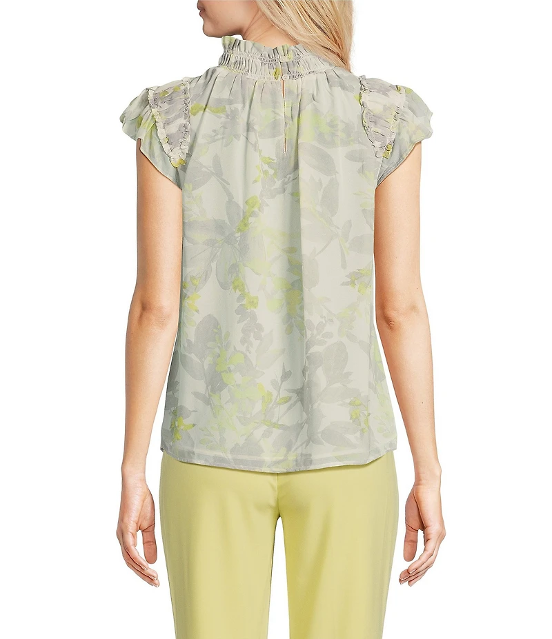 Calvin Klein Printed Chiffon Mock Neck Ruffle Detail Top