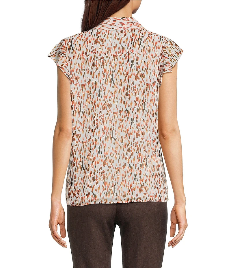 Calvin Klein Printed Chiffon Point Collar Cap Sleeve Ruffle Button Front Blouse