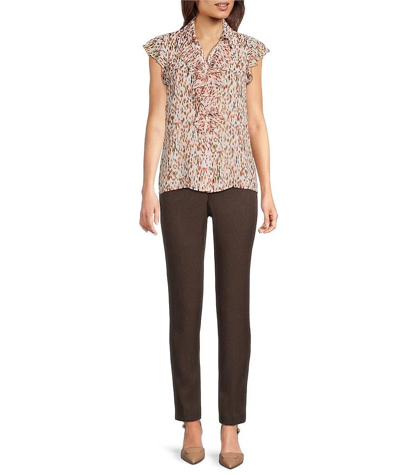 Calvin Klein Printed Chiffon Point Collar Cap Sleeve Ruffle Button Front Blouse