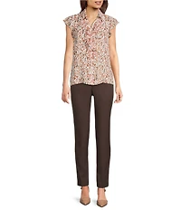 Calvin Klein Printed Chiffon Point Collar Cap Sleeve Ruffle Button Front Blouse