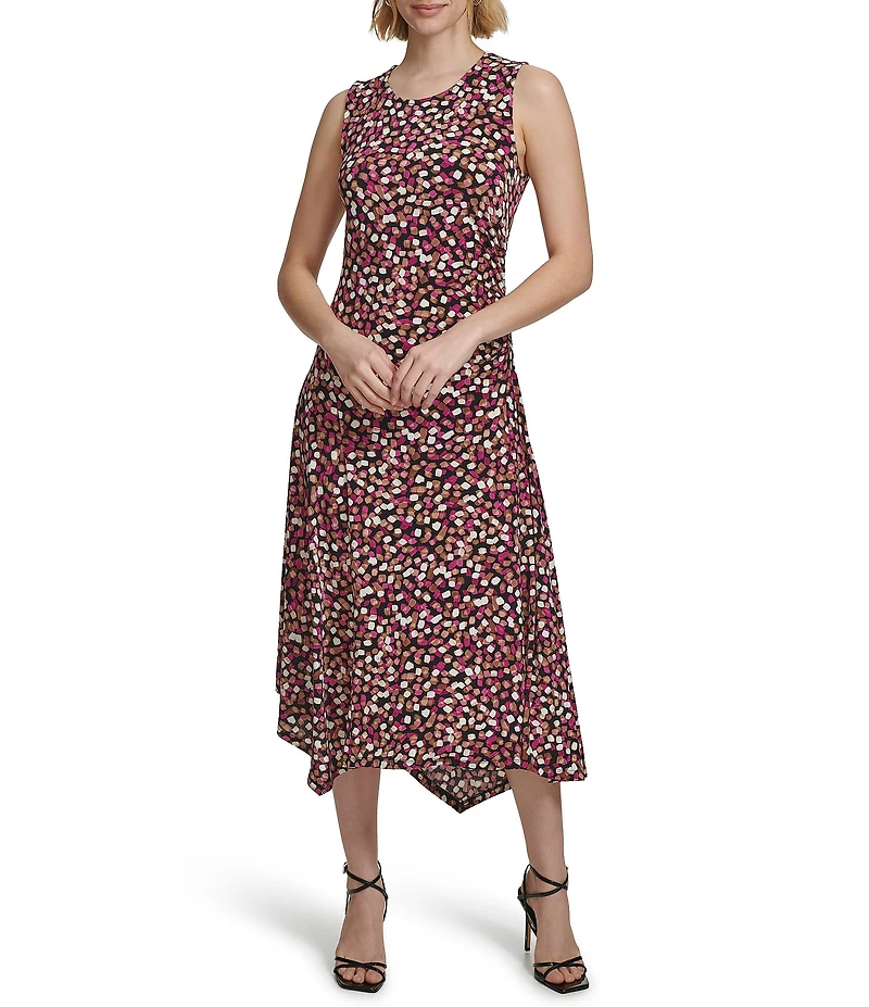 Calvin Klein Abstract Printed Crew Neckline Sleeveless Asymmetrical Hem Dress