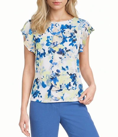 Calvin Klein Printed Georgette Crew Neck Cap Sleeve Ruffle Front Blouse