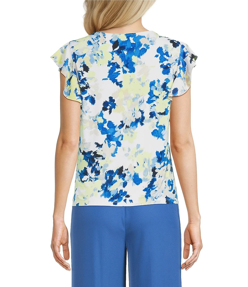 Calvin Klein Printed Georgette Crew Neck Cap Sleeve Ruffle Front Blouse
