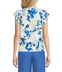 Calvin Klein Printed Georgette Crew Neck Cap Sleeve Ruffle Front Blouse