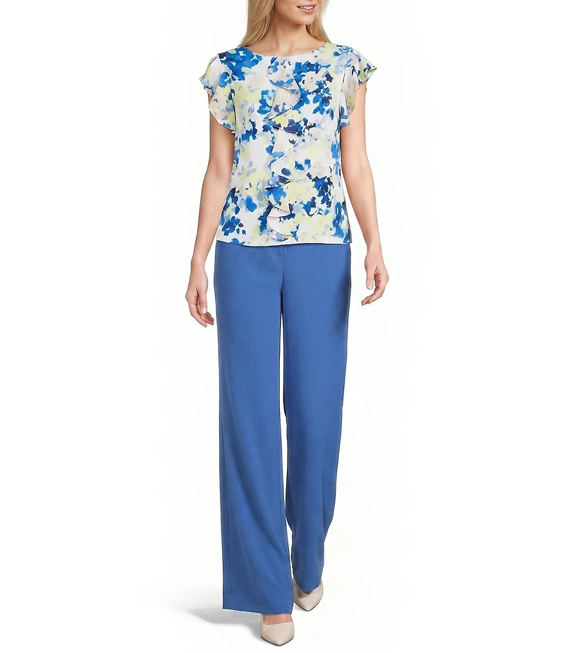 Calvin Klein Printed Georgette Crew Neck Cap Sleeve Ruffle Front Blouse