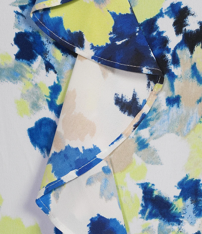 Calvin Klein Printed Georgette Crew Neck Cap Sleeve Ruffle Front Blouse
