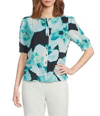 Calvin Klein Printed Georgette Crew Neck Short Sleeve Button Front Blouse