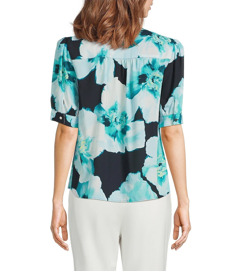 Calvin Klein Printed Georgette Crew Neck Short Sleeve Button Front Blouse